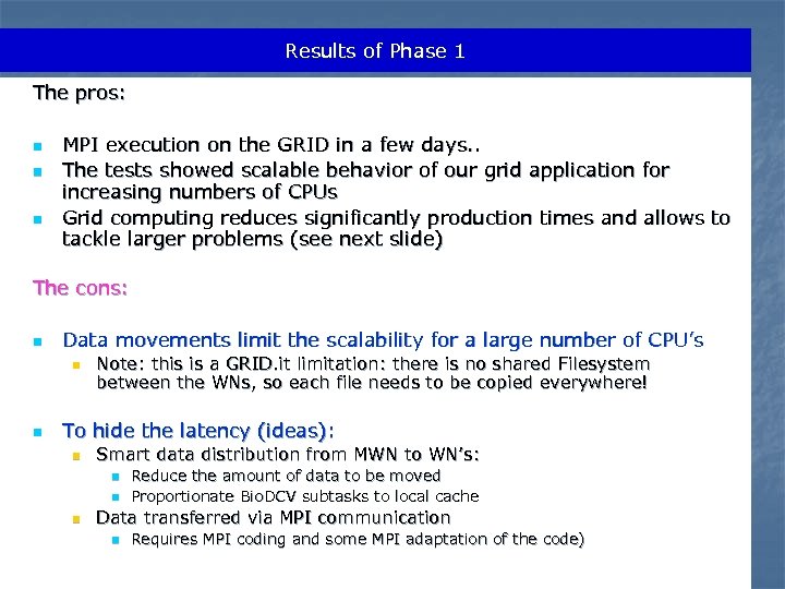 Results of Phase 1 The pros: n n n MPI execution on the GRID