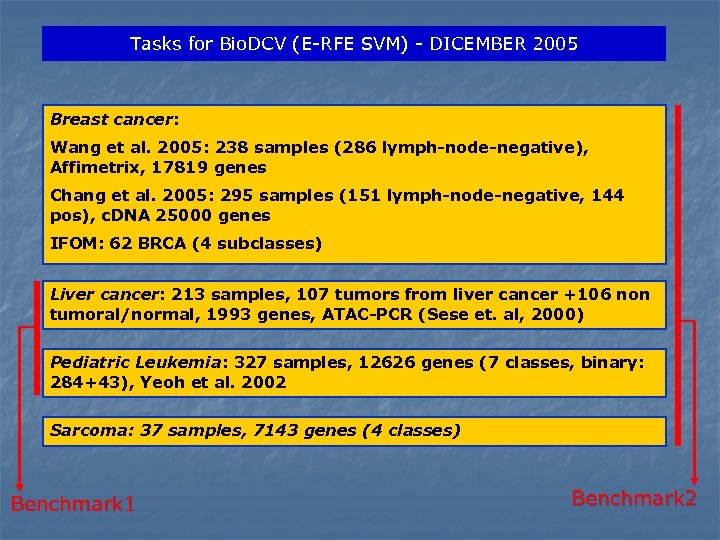 Tasks for Bio. DCV (E-RFE SVM) - DICEMBER 2005 Breast cancer: Wang et al.