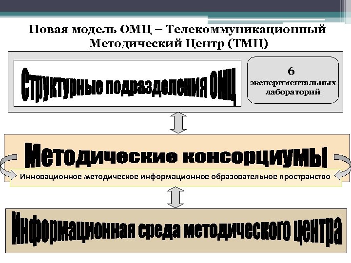 Новая модель ОМЦ – Телекоммуникационный Методический Центр (ТМЦ) 6 экспериментальных лабораторий Инновационное методическое информационное