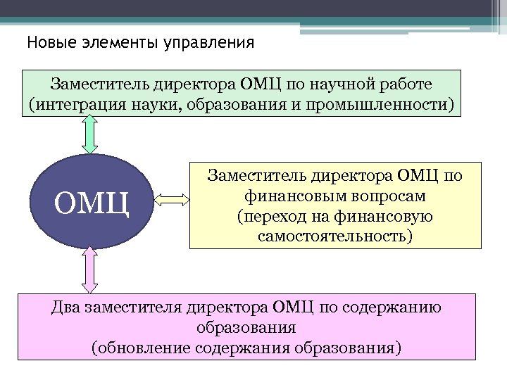 Новые элементы управления Заместитель директора ОМЦ по научной работе (интеграция науки, образования и промышленности)