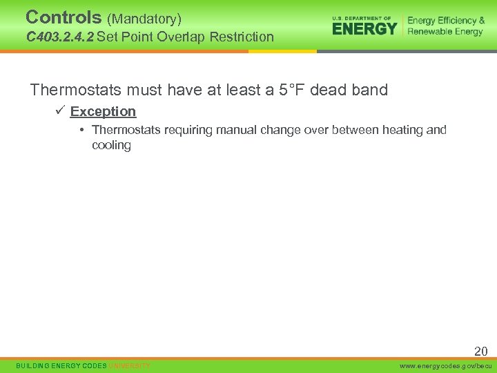 Controls (Mandatory) C 403. 2. 4. 2 Set Point Overlap Restriction Thermostats must have