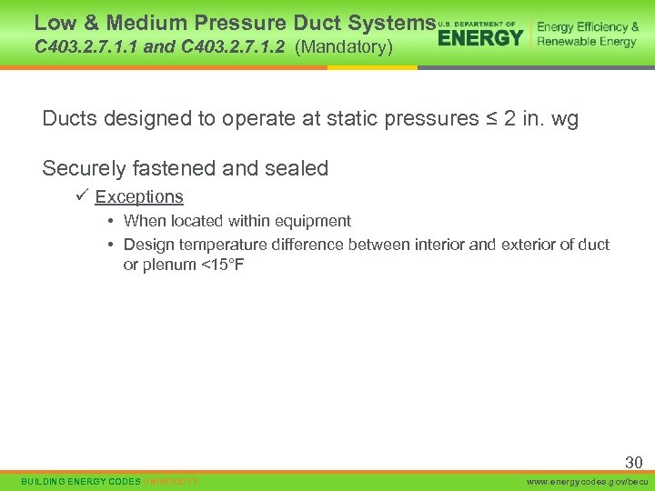 Low & Medium Pressure Duct Systems C 403. 2. 7. 1. 1 and C