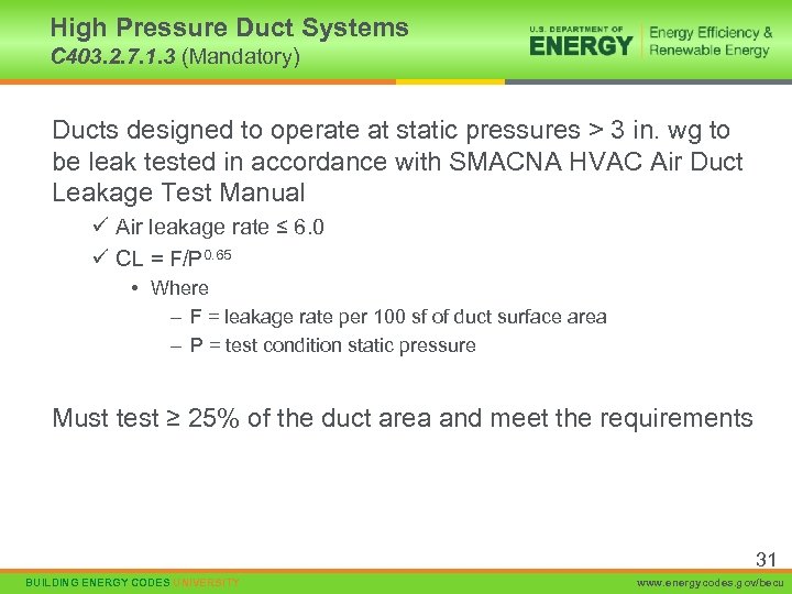High Pressure Duct Systems C 403. 2. 7. 1. 3 (Mandatory) Ducts designed to