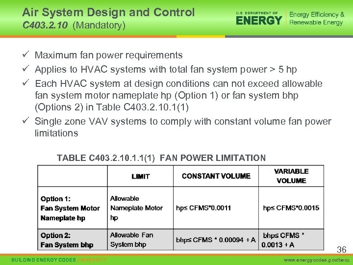 Air System Design and Control C 403. 2. 10 (Mandatory) ü Maximum fan power