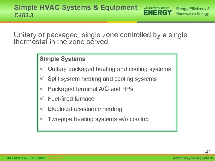 Simple HVAC Systems & Equipment C 403. 3 Unitary or packaged, single zone controlled