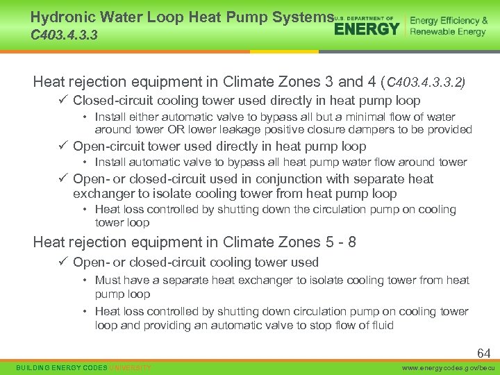 Hydronic Water Loop Heat Pump Systems C 403. 4. 3. 3 Heat rejection equipment