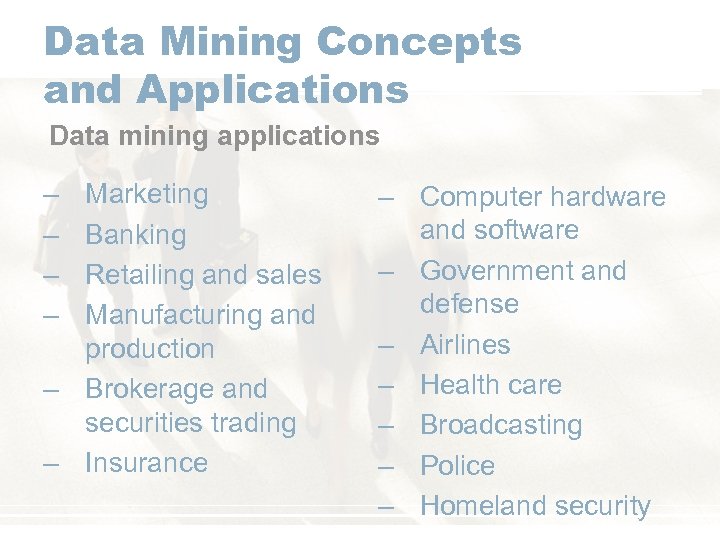 Data Mining Concepts and Applications Data mining applications – – Marketing Banking Retailing and