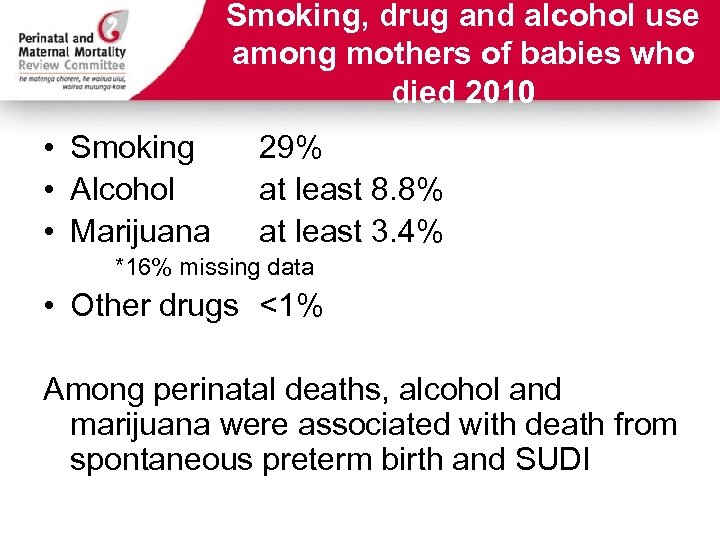 Smoking, drug and alcohol use among mothers of babies who died 2010 • Smoking