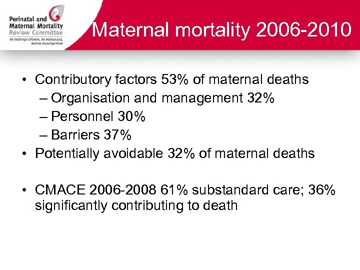 Maternal mortality 2006 -2010 • Contributory factors 53% of maternal deaths – Organisation and