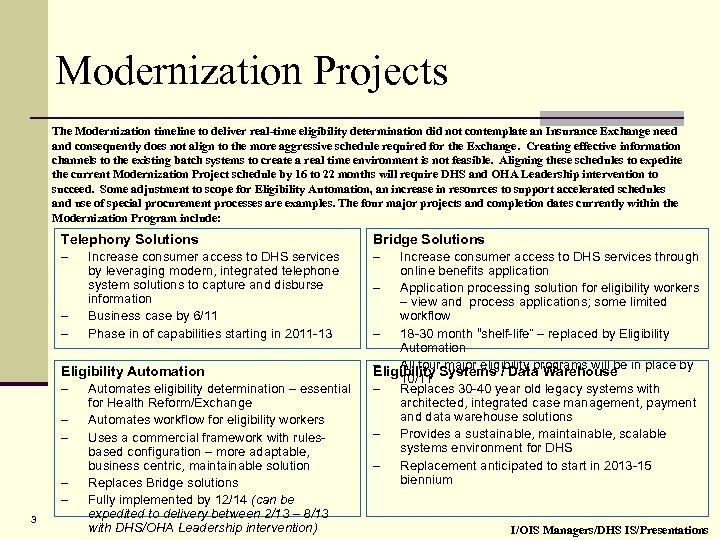 Modernization Projects The Modernization timeline to deliver real-time eligibility determination did not contemplate an
