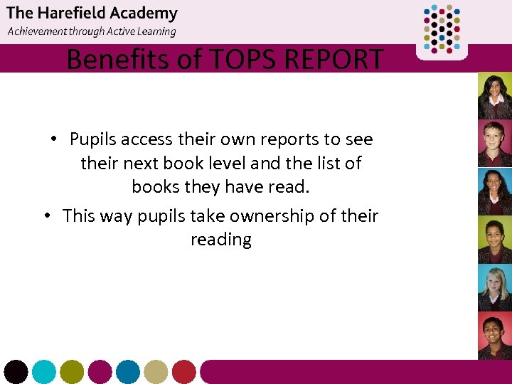 Benefits of TOPS REPORT • Pupils access their own reports to see their next