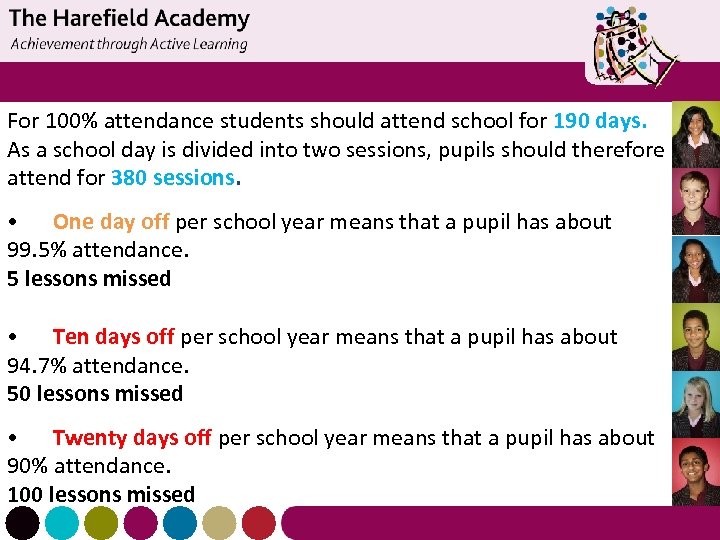 For 100% attendance students should attend school for 190 days. As a school day