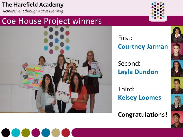 Coe House Project winners First: Courtney Jarman Second: Layla Dundon Third: Kelsey Loomes Congratulations!