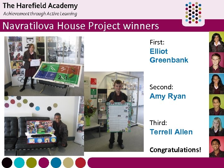 Navratilova House Project winners First: Elliot Greenbank 2. 3. Second: Amy Ryan Third: Terrell