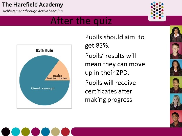 After the quiz Pupils should aim to get 85%. Pupils’ results will mean they