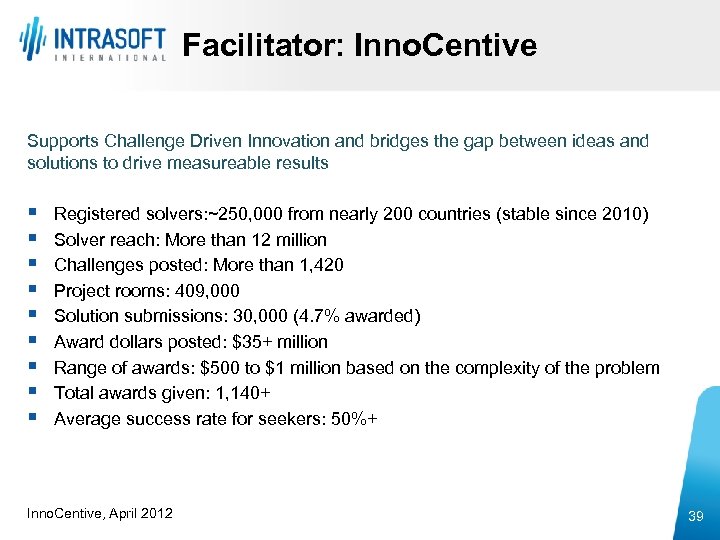 Facilitator: Inno. Centive Supports Challenge Driven Innovation and bridges the gap between ideas and