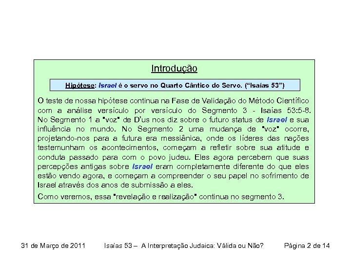 Introdução Hipótese: Israel é o servo no Quarto Cântico do Servo. (“Isaías 53”) O