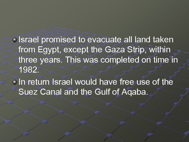 Israel promised to evacuate all land taken from Egypt, except the Gaza Strip, within