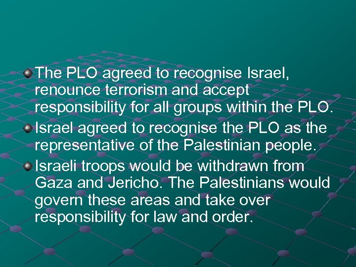 The PLO agreed to recognise Israel, renounce terrorism and accept responsibility for all groups
