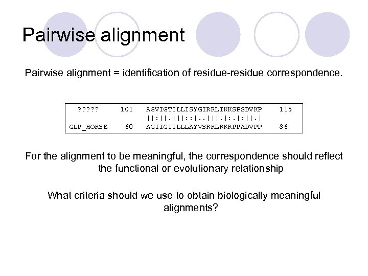 Pairwise alignment = identification of residue-residue correspondence. ? ? ? GLP_HORSE 101 60 AGVIGTILLISYGIRRLIKKSPSDVKP