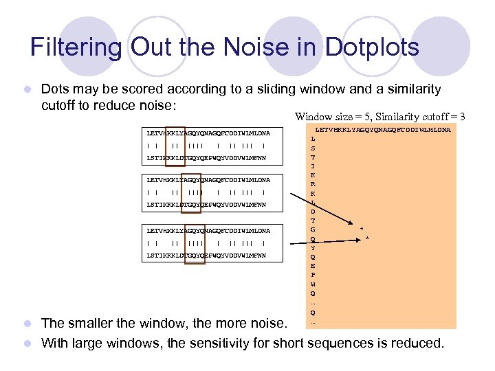 Filtering Out the Noise in Dotplots l Dots may be scored according to a