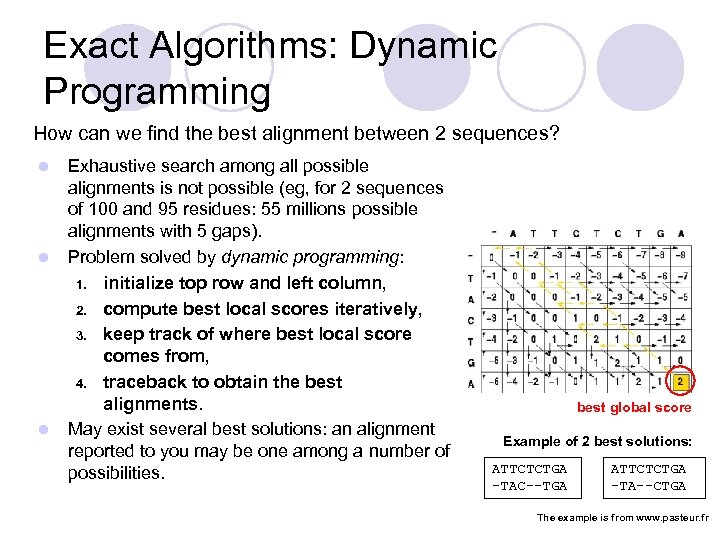 Exact Algorithms: Dynamic Programming How can we find the best alignment between 2 sequences?