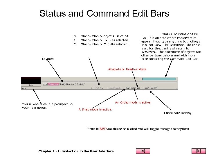 Status and Command Edit Bars O: F: C: The number of objects selected. The