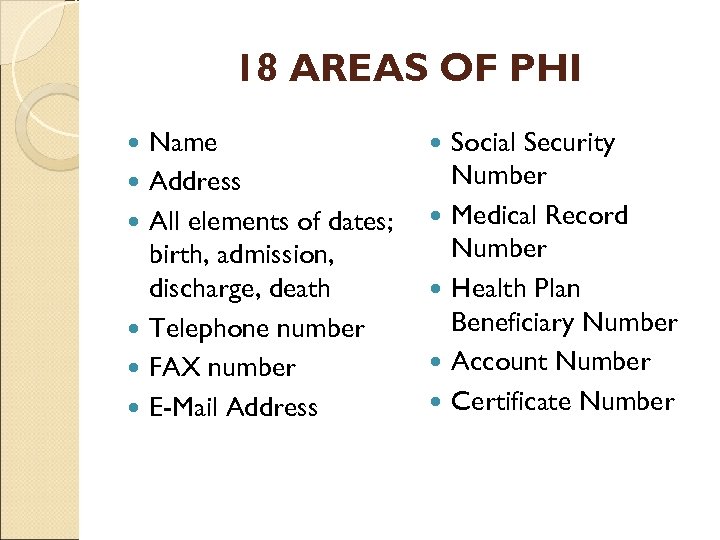 18 AREAS OF PHI Name Address All elements of dates; birth, admission, discharge, death