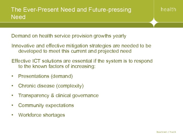The Ever-Present Need and Future-pressing Need Demand on health service provision growths yearly Innovative