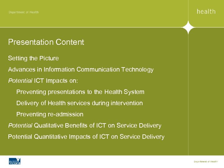 Presentation Content Setting the Picture Advances in Information Communication Technology Potential ICT Impacts on: