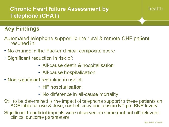 Chronic Heart failure Assessment by Telephone (CHAT) Key Findings Automated telephone support to the