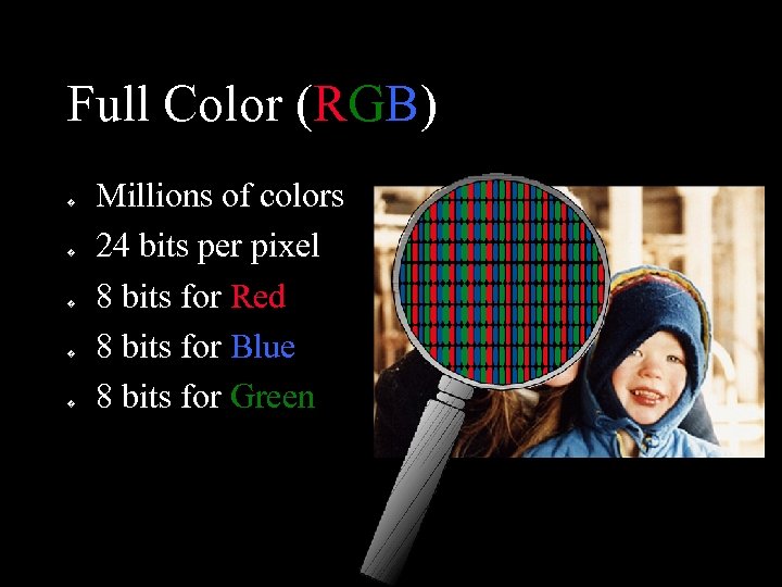 Full Color (RGB) � � � Millions of colors 24 bits per pixel 8