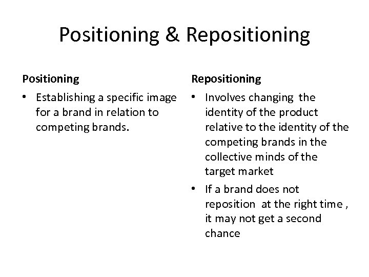 Positioning & Repositioning Positioning Repositioning • Establishing a specific image for a brand in