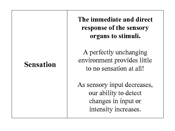 The immediate and direct response of the sensory organs to stimuli. Sensation A perfectly