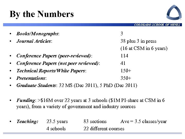 By the Numbers COLORADO SCHOOL OF MINES • Books/Monographs: • Journal Articles: • •