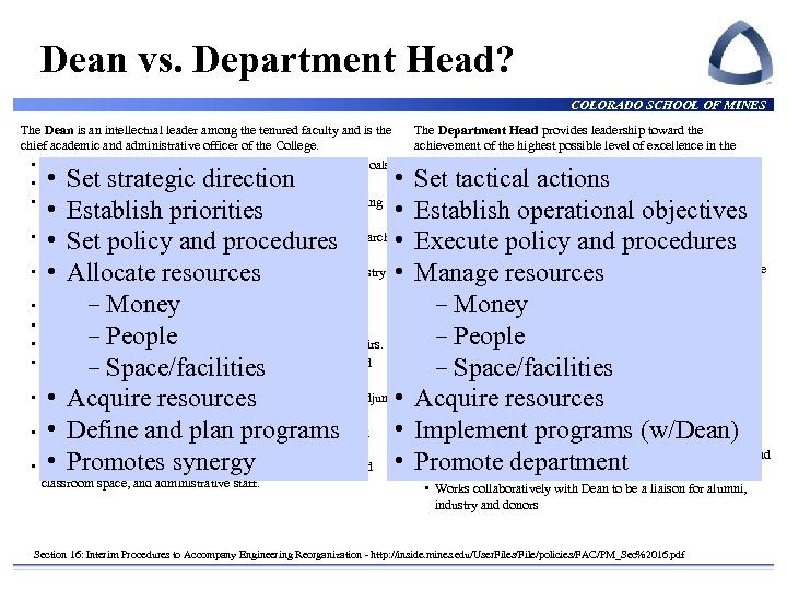 Dean vs. Department Head? COLORADO SCHOOL OF MINES The Dean is an intellectual leader