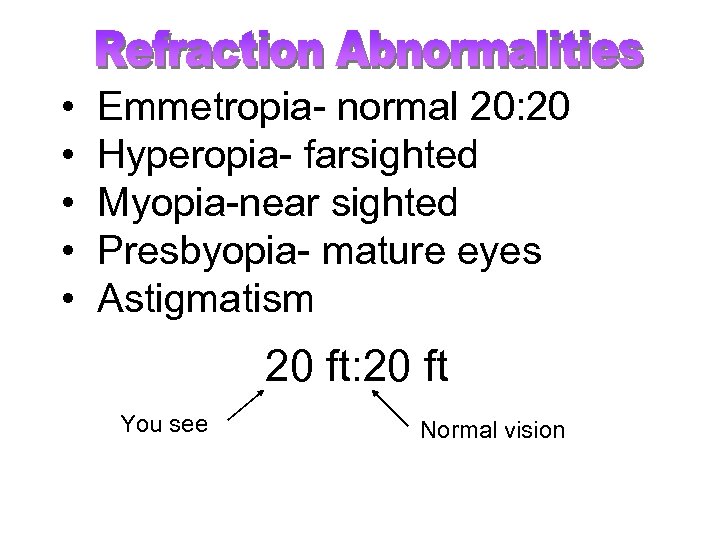  • • • Emmetropia- normal 20: 20 Hyperopia- farsighted Myopia-near sighted Presbyopia- mature