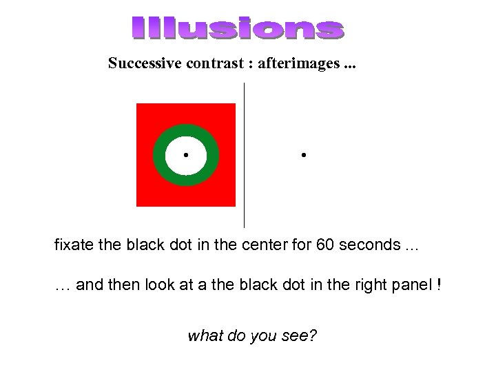 Successive contrast : afterimages. . . fixate the black dot in the center for
