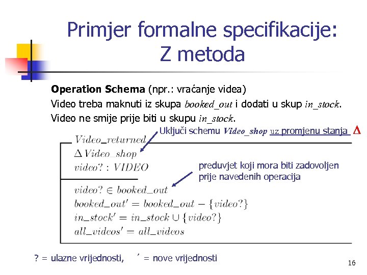 Primjer formalne specifikacije: Z metoda Operation Schema (npr. : vraćanje videa) Video treba maknuti