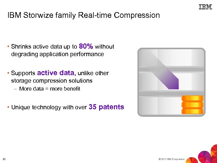 IBM Storwize family Real-time Compression • Shrinks active data up to 80% without degrading
