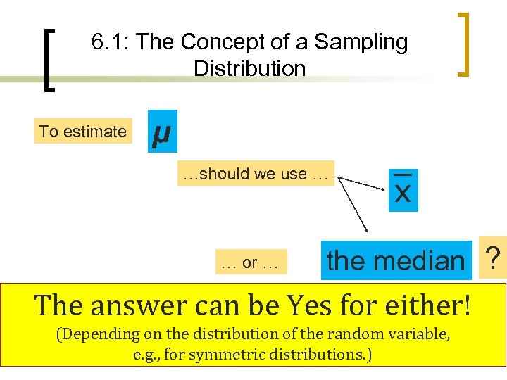 6. 1: The Concept of a Sampling Distribution To estimate µ …should we use