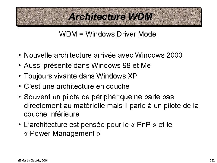 Architecture WDM = Windows Driver Model • • • Nouvelle architecture arrivée avec Windows