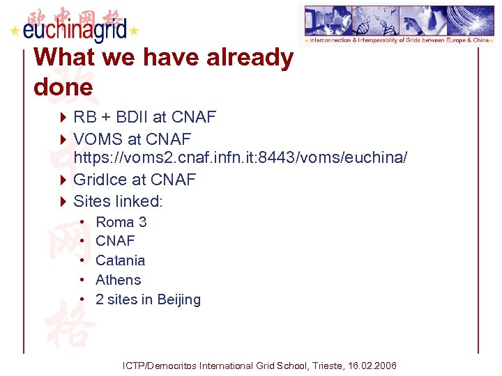 What we have already done 4 RB + BDII at CNAF 4 VOMS at