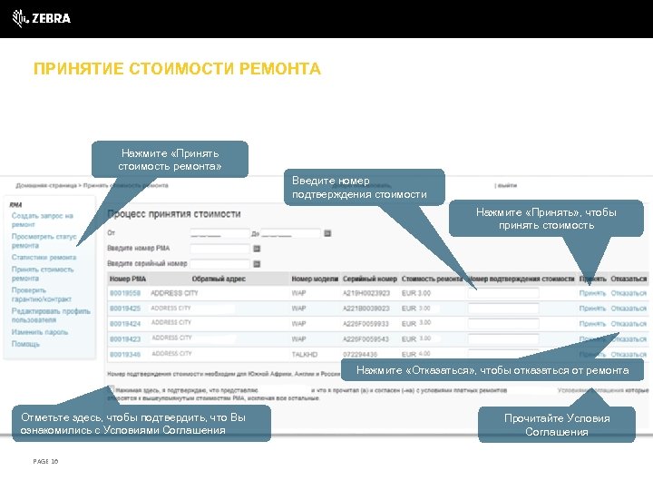 ПРИНЯТИЕ СТОИМОСТИ РЕМОНТА Нажмите «Принять стоимость ремонта» Введите номер подтверждения стоимости Нажмите «Принять» ,