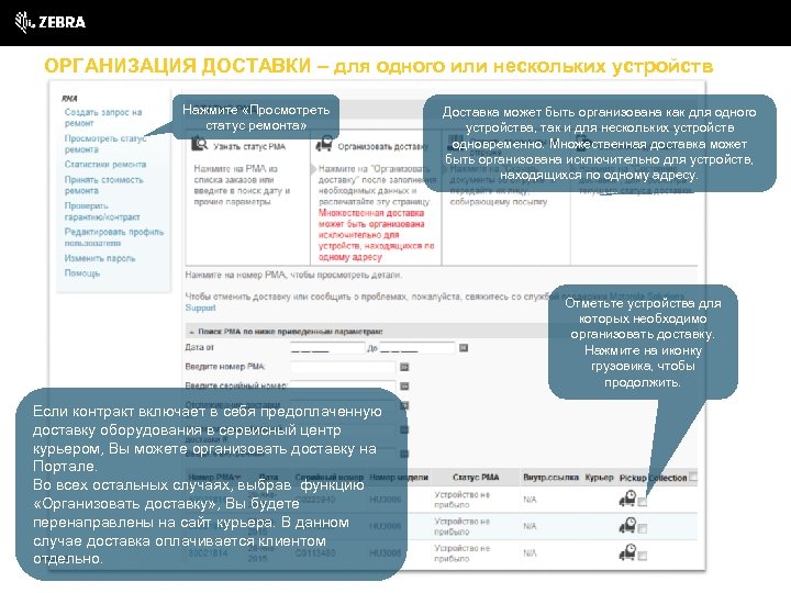 ОРГАНИЗАЦИЯ ДОСТАВКИ – для одного или нескольких устройств Нажмите «Просмотреть статус ремонта» Доставка может
