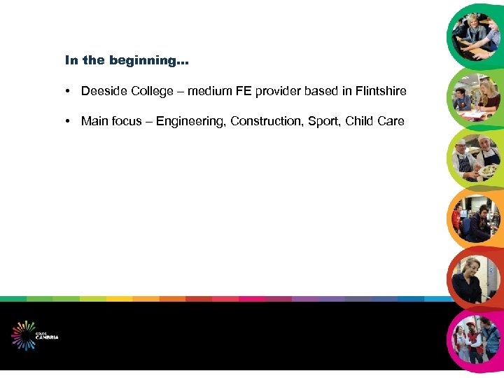 In the beginning… • Deeside College – medium FE provider based in Flintshire •