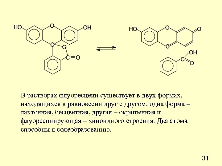 В растворах флуоресцеин существует в двух формах, находящихся в равновесии друг с другом: одна