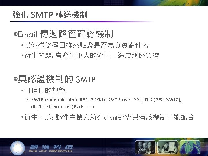 強化 SMTP 轉送機制 Email 傳遞路徑確認機制 以傳送路徑回推來驗證是否為真實寄件者 衍生問題: 會產生更大的流量，造成網路負擔 具認證機制的 SMTP 可信任的規範 • SMTP authentication