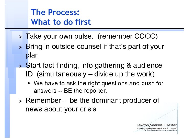 The Process: What to do first Ø Ø Ø Take your own pulse. (remember