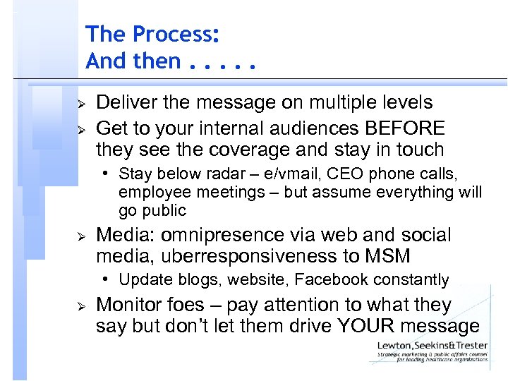 The Process: And then. . . Ø Ø Deliver the message on multiple levels